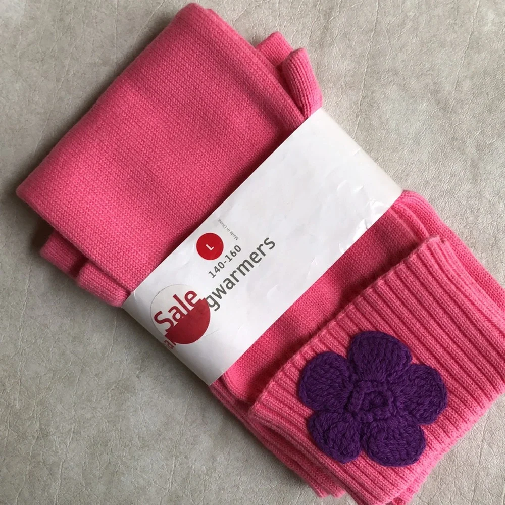 Hanna Andersson Pink Leg Warmers With Small Purple Crochet Flower Size L 140-160